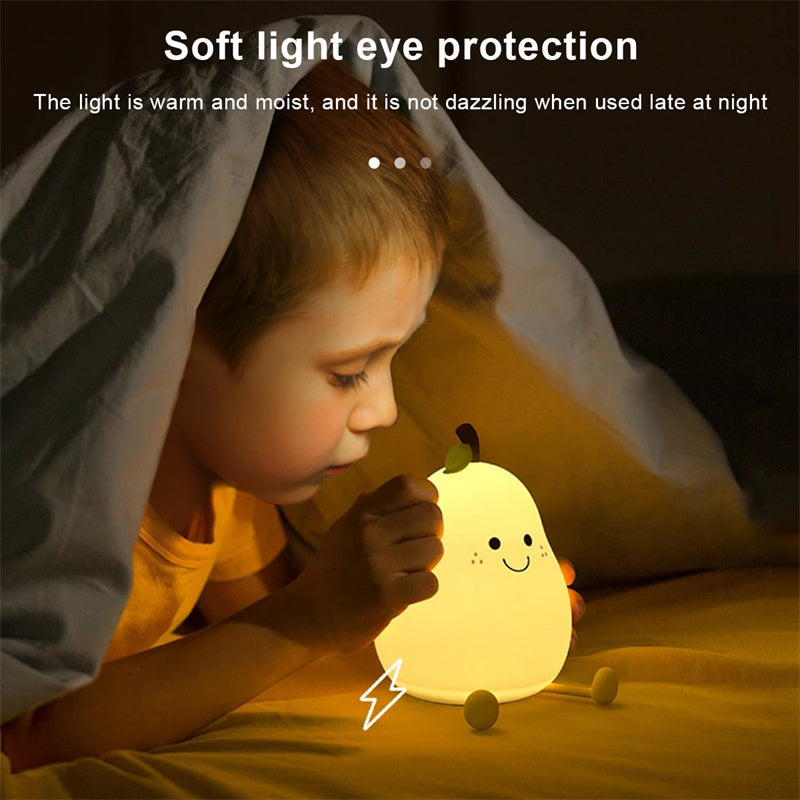 LED Pear Fruit Night Light USB Rechargeable Dimming Touch Silicone Table Lamp