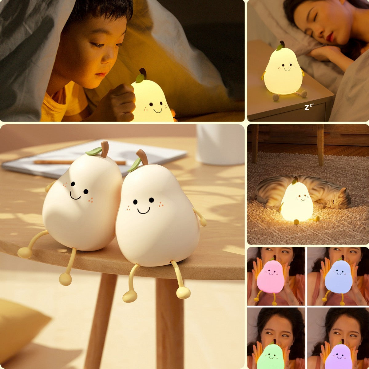 LED Pear Fruit Night Light USB Rechargeable Dimming Touch Silicone Table Lamp