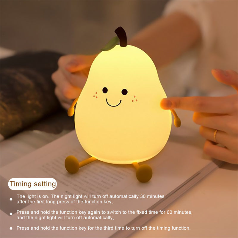 LED Pear Fruit Night Light USB Rechargeable Dimming Touch Silicone Table Lamp